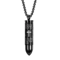 Matte black stainless steel bullet necklace with cross and engraved prayer text - Box Chain / Black (Script)