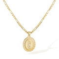 Golden Virgin Mary oval pendant necklace with hollow heart border on Figaro chain - Gold Plated Copper