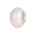 Detailed view of iridescent macaron resin charm bead with a polished silver metal core - Iridescent Artificial Pearl White (2)