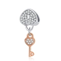 Sparkling silver heart lock and rose gold key charm with inlaid cubic zirconia - Heart Lock and Key / Silver & Rose Gold
