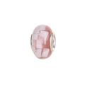 Detailed close-up of light pink resin bead with white mosaic pattern and metal core - Pink