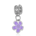 Macro detail of a silver floral charm featuring purple enamel petals and crystal accents - Hollow Heart Cherry Blossom Style (DGB1355) / Silver Purple Flower