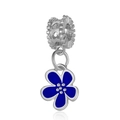 Detailed macro view of silver flower pendant with blue enamel and hollow heart charm - Hollow Heart Cherry Blossom Style (DGB1355) / Silver Dark Blue Flower