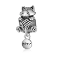Abalorio de gato vintage en plata 925 con placa MEOW y ovillo para pulseras DIY - Gato con pelota (ZAB525)