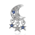 S925 silver crescent moon and stars charm with blue cubic zirconia for DIY jewelry - Silver