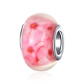 Pink glass charm bead with red floral pattern and silver metal rings for DIY jewelry - Pink Flower