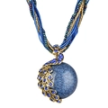 Vintage gold peacock pendant necklace with blue crackle stone and beaded cord - Sapphire Blue