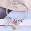 DIY stainless steel beaded bracelet with pink cat charm and Sisters Always heart pendant - Pink