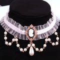 Victorian white lace choker necklace with vintage cameo pendant and layered pearls - White Retro Portrait