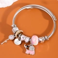 Bracciale a corda d'argento con perline rosa, ciondolo elefante e malocchio - Rosa