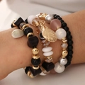 Böhmisches mehrlagiges Perlenarmband-Set mit goldenem Muschelanhänger für Damen - Schwarz