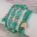 Böhmisches mehrlagiges Armband-Set mit grünen Türkisperlen und goldenem Blatt-Anhänger - Blau