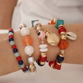 Böhmisches Mehrschicht-Perlenarmband Set mit Muschel-Anhänger und Evil Eye Charms - bunt