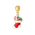 Christmas stocking charm with candy cane and green bow in gold finish with enamel - Christmas Sock Candy Cane Style