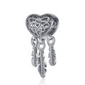 Ethnic style heart dreamcatcher charm with three feather pendants for DIY bracelets - Silver