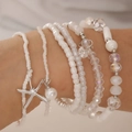 Böhmisches mehrlagiges weißes Perlenarmband-Set mit Seestern- und Perlenanhängern - Weiß