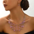 Bohemian multi-layer purple beaded necklace and earring set with silver metal accents - Light Purple