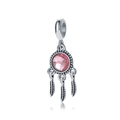 Silver dreamcatcher charm with pink gemstone and three feather pendants for bracelets - Pink
