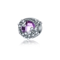 Silver flower charm with large purple faceted crystal and white floral accents - Purple