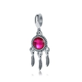 Ethnic dreamcatcher charm with ruby gemstone and silver feathers for DIY jewelry - Rose Red
