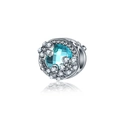 Pastel cherry blossom flower bead charm with sea blue square stone in S925 silver - Blue