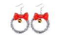 Weihnachtskranz-Ohrringe mit roter Satinschleife und Goldglöckchen an silbernen Haken - Silber Kranz