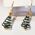 Festive gold Christmas tree drop earrings with green spiral design and star detail - Green Christmas Tree