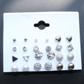 Set of 12 pairs of silver-tone stud earrings with pearls and zircon geometric designs - White Display Card / Silver