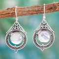 Vintage silver moonstone drop earrings with boho moon design hanging on a branch - Bohemian Moonstone Style (E139)