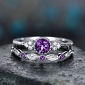 Vintage style rings set for women with deep purple gemstone and zircon in silver finish - US 7 / Purple
