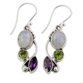 Bohemian silver drop earrings with moonstone, peridot, and amethyst stones on white background - Vintage Multicolor
