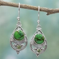 Vintage silver drop earrings with turquoise stones hanging on a natural tree branch - Silver Green Stone Style (E148)