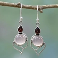Elegant silver drop earrings with pink quartz and red pear-shaped stone on tree branch - Vintage Red Pink Stone Style (E151)