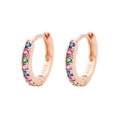 Detailed close-up of S925 rose gold huggie hoop earrings with rainbow colored stones - 9mm / Multicolor Style / Rose Gold