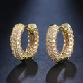 Iced out gold hoop earrings with three rows of pink pave cubic zirconia stones - Gold