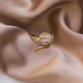 Minimalist tulip flower open ring with gold petals and white opal stone inlay - White Cat Eye Ring / Gold