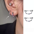 Detail of S925 sterling silver U-shaped ear bone stud with rainbow cubic zirconia stones - Multi-color Zirconia U-Shape Style (E908-C)