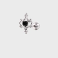 Macro shot of gothic silver stud earring with black zircon and screw back closure - Vintage Pattern Round Black Zirconia (E951)