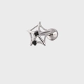 Detailed close-up of a silver spider web cartilage stud earring with black zircon stones - Spider Web Shape (E951)