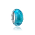 Lake blue bubble glass charm bead with silver core on a reflective white background - Peacock Blue
