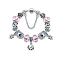 Silver beaded bracelet with pink glass charms, flower pendants and a white pearl drop - 20cm / Pink
