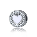 Zilveren ronde bedel met witte hart-inlay en sprankelende zirkonia-omranding - Wit