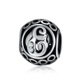 Macro shot of silver hollow charm featuring artistic letter E engraving and clear gemstones - Letter E