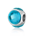 Close-up of faceted blue acrylic cat-eye bead with silver metal rim for DIY jewelry - Peacock Blue