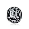 Detailed close-up of hollow alloy bead charm with letter M and zircon stone inlay - M