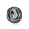 Detailed view of silver letter O charm with sparkling crystals and black enamel rings - Letter O