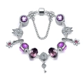 Pandora-style silver snake chain bracelet with purple crystal beads and heart lock charm - 20cm / Purple
