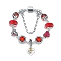 Silver snake chain bracelet with red crystal beads and I Love You heart charms - 20cm / Red