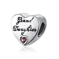 Polished silver heart charm with 'Grand Daughter' engraving and pink zircon stone - Granddaughter Style