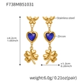 Detail showing gold stainless steel drop earrings with blue zircon heart and clover charm - Blue